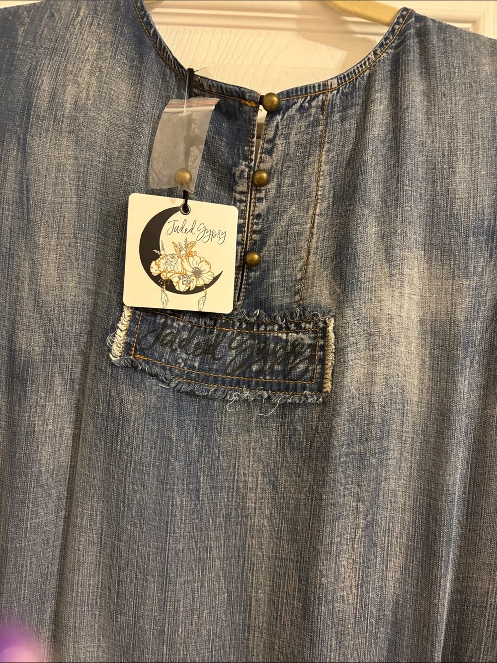 Blue Textured Boho Tunic Dress with Stripe Detail - Picture 7 of 11